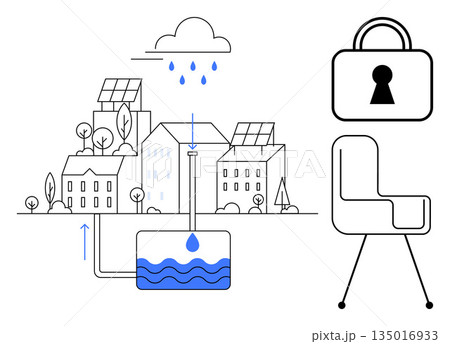 Sustainable development, renewable resources, urban planning, water conservation, environmental security, modern innovation. Rainwater harvesting system near buildings with solar panels. Sustainable Sustainable development, renewable resources, urban planning, water conservation, environmental security, modern innovation. Rainwater harvesting system near buildings with solar panels. Sustainable 135016933