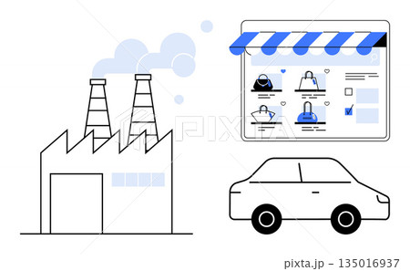Industry trends, e-commerce evolution, online retail, logistics, production, transportation. Factory, car and online store interface displayed together. E-commerce evolution and logistics concept 135016937
