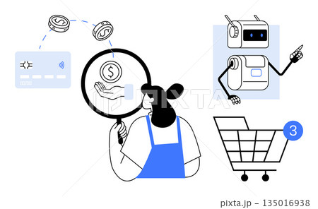 E-commerce, digital payments, AI technology, financial transactions, customer service, online shopping. Person with magnifying glass and AI analyzing transactions. E-commerce and digital payments 135016938