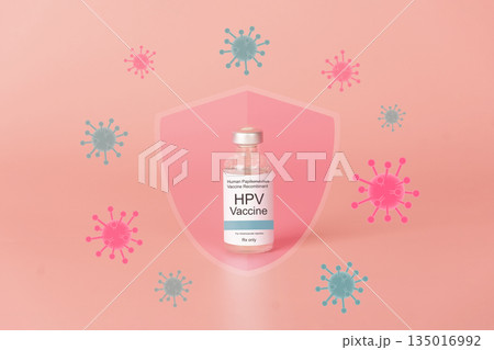 Human papillomavirus (HPV) vaccine bottle with glass shield and virus on pink background. HPV vaccine protects against certain types of HPV that can cause cervical cancer. 135016992