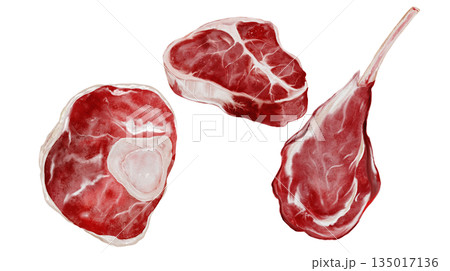 Watercolor set of beef cuts. Hand-drawn illustrations of different types of meat on a white background. Food clip art. Perfect for culinary blog designs, steakhouse signs, and butcher shop signs. 135017136