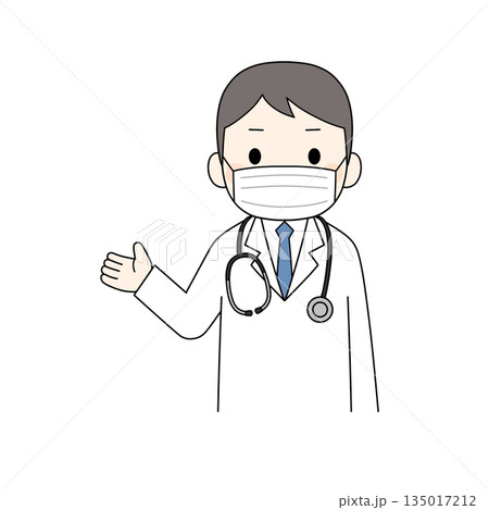 マスク姿の聴診器を下げた白衣の男性が片手で案内や説明をしている上半身のカラーイラスト マスク姿の聴診器を下げた白衣の男性が片手で案内や説明をしている上半身のカラーイラスト 135017212