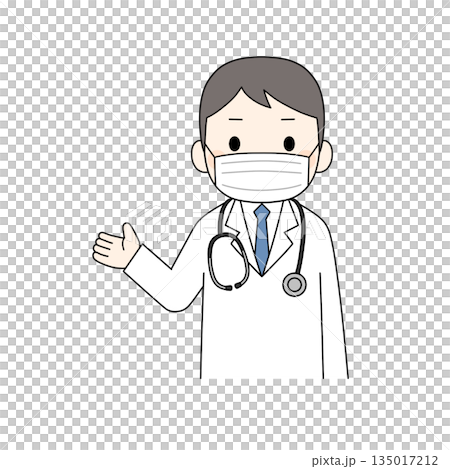 マスク姿の聴診器を下げた白衣の男性が片手で案内や説明をしている上半身のカラーイラスト マスク姿の聴診器を下げた白衣の男性が片手で案内や説明をしている上半身のカラーイラスト 135017212