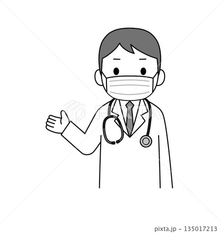 マスク姿の聴診器を下げた白衣の男性が片手で案内や説明をしている上半身のモノクロイラスト マスク姿の聴診器を下げた白衣の男性が片手で案内や説明をしている上半身のモノクロイラスト 135017213