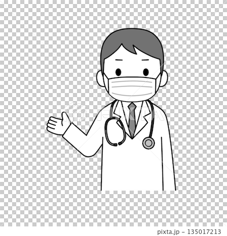 マスク姿の聴診器を下げた白衣の男性が片手で案内や説明をしている上半身のモノクロイラスト マスク姿の聴診器を下げた白衣の男性が片手で案内や説明をしている上半身のモノクロイラスト 135017213