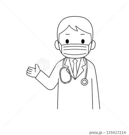 マスク姿の聴診器を下げた白衣の男性が片手で案内や説明をしている上半身の白黒線画イラスト マスク姿の聴診器を下げた白衣の男性が片手で案内や説明をしている上半身の白黒線画イラスト 135017214