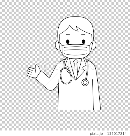 マスク姿の聴診器を下げた白衣の男性が片手で案内や説明をしている上半身の白黒線画イラスト マスク姿の聴診器を下げた白衣の男性が片手で案内や説明をしている上半身の白黒線画イラスト 135017214