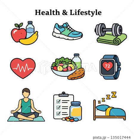 Health, fitness, nutrition, and wellness icons in colorful flat style 135017444