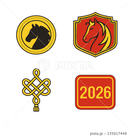 Horse head silhouette, red horse emblem, golden knot, and 2026 badge icon set 135017449