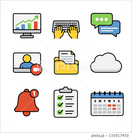 Business icons including graph keyboard chat video call folder cloud alert checklist calendar 135017450