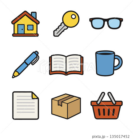 Home icon key glasses pen book mug document box and basket set 135017452