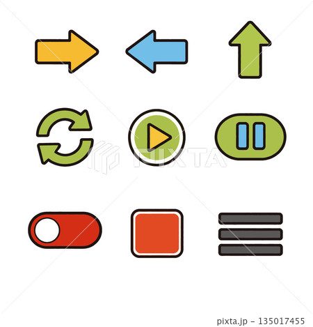 Colorful arrow, media, and interface icons with bold outlines on white background 135017455
