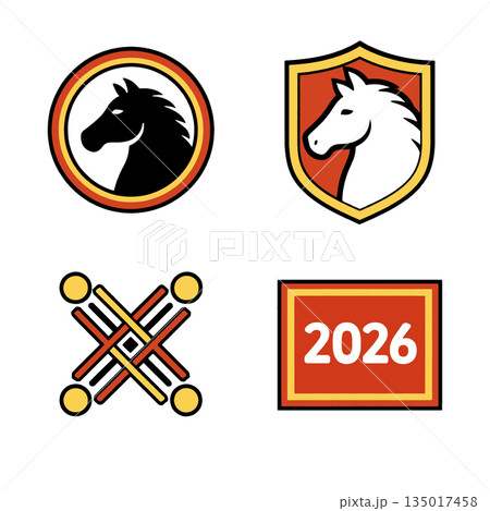 Horse head emblem, shield badge, abstract pattern, and 2026 sign in bold red and gold style Horse head emblem, shield badge, abstract pattern, and 2026 sign in bold red and gold style 135017458