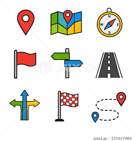 Map pin, map, compass, and road direction icon set in flat colorful style 135017460