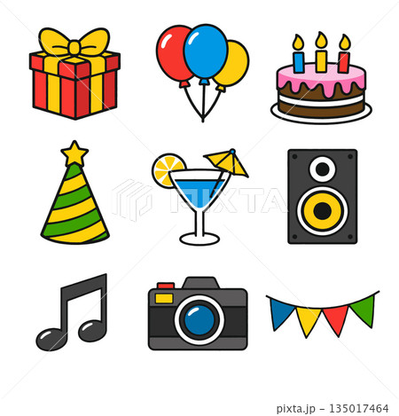 Party gift, balloons, birthday cake, and festive icons in colorful celebration theme 135017464