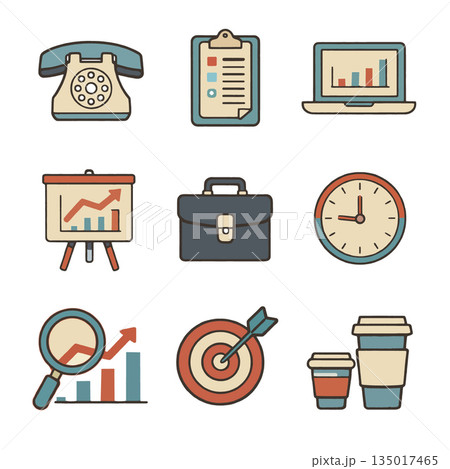 Office icon set with vintage style including phone, chart, laptop, clock, and coffee cup 135017465