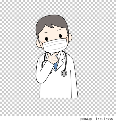一幅彩色插圖，描繪了一位身穿白大褂、戴著口罩和聽診器的男醫生，他正用手托著下巴思考。 135017550