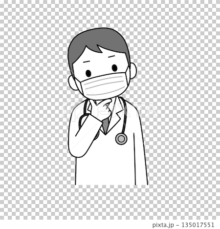 A monochrome illustration of a male doctor in a white coat wearing a mask and a stethoscope thinking with his hand on his chin A monochrome illustration of a male doctor in a white coat wearing a mask and a stethoscope thinking with his hand on his chin 135017551