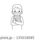 白衣とマスクを着用し聴診器を下げた男性医師が腕を組んで困った表情をしている白黒線画イラスト 135018085