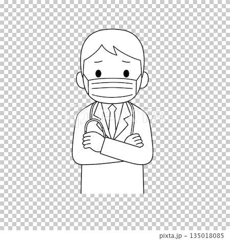 一幅黑白線條畫，畫中是一位身穿白大褂、戴著口罩、手持聽診器、雙臂交叉、表情憂慮的男醫生。 135018085