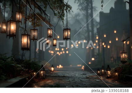 Serene Twilight Pathway with Lanterns in Misty Forest for Tranquil Night Decor Generative AI Serene Twilight Pathway with Lanterns in Misty Forest for Tranquil Night Decor Generative AI 135018188