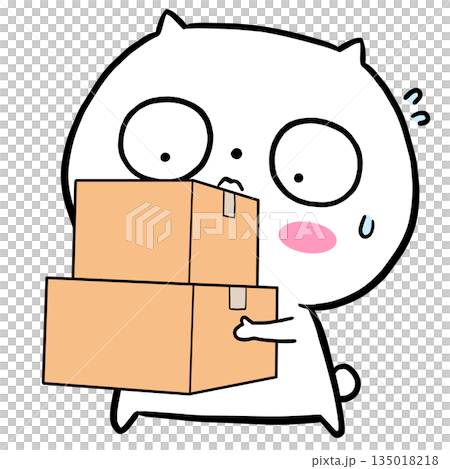 段ボールを抱える白い動物キャラクターのシンプルなイラスト素材 135018218