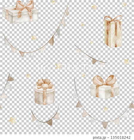 Presents and garlands watercolor illustration Pattern with festive elements. Pastel seamless background with gift boxes and flags for baby Birthday wrapping paper or childish textile. Surface design. Presents and garlands watercolor illustration Pattern with festive elements. Pastel seamless background with gift boxes and flags for baby Birthday wrapping paper or childish textile. Surface design. 135018242