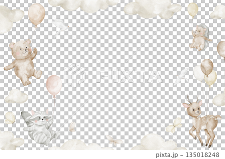Animals in sky watercolor illustration with cute baby animals floating with balloons and clouds. Beige pastel template of nursery card for baby shower invitations, greeting cards, and posters. 135018248