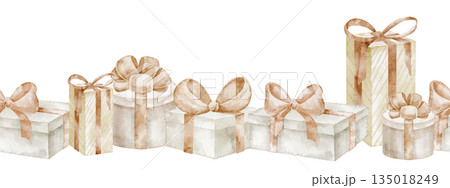 Gift watercolor illustration border with present boxes and bows. Seamless party pattern for baby shower greeting cards or childish Birthday invitations. Frame for nursery party and holiday templates. 135018249