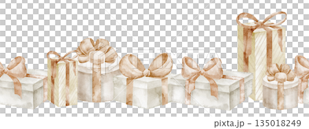 Gift watercolor illustration border with present boxes and bows. Seamless party pattern for baby shower greeting cards or childish Birthday invitations. Frame for nursery party and holiday templates. 135018249