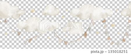 Cloud watercolor illustration border with hanging garlands. Seamless party pattern for baby shower greeting cards or childish Birthday invitations. Frame for nursery decor in pastel beige colors. Cloud watercolor illustration border with hanging garlands. Seamless party pattern for baby shower greeting cards or childish Birthday invitations. Frame for nursery decor in pastel beige colors. 135018251