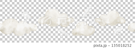 Cloud watercolor illustration border with flying Birds and sky elements. Seamless pattern for baby shower invitations or childish greeting cards. Pastel beige frame for nursery banners or templates. 135018252