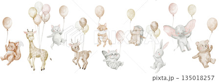Flying Animals watercolor illustration border with Balloons. Set with bear and hare in pastel colors for baby shower greeting cards or childish birthday invitations. Clipart with elephant for nursery. 135018257
