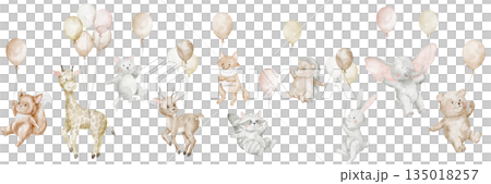 Flying Animals watercolor illustration border with Balloons. Set with bear and hare in pastel colors for baby shower greeting cards or childish birthday invitations. Clipart with elephant for nursery. 135018257