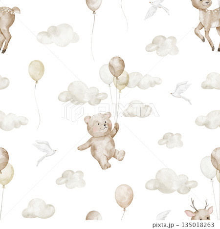 Bear and fawn watercolor pattern with flying Animals. Seamless nursery background with Balloons and clouds in pastel colors design for baby textiles or children wallpapers. Cute childish backdrop. Bear and fawn watercolor pattern with flying Animals. Seamless nursery background with Balloons and clouds in pastel colors design for baby textiles or children wallpapers. Cute childish backdrop. 135018263