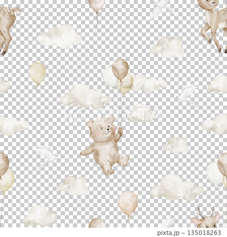 Bear and fawn watercolor pattern with flying Animals. Seamless nursery background with Balloons and clouds in pastel colors design for baby textiles or children wallpapers. Cute childish backdrop. Bear and fawn watercolor pattern with flying Animals. Seamless nursery background with Balloons and clouds in pastel colors design for baby textiles or children wallpapers. Cute childish backdrop. 135018263