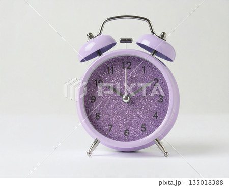 Minimalist decor. Purple vintage alarm clock on background in pastel color with copy space. Bright design. 135018388