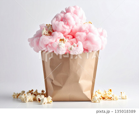 Food and drink in cinema. Bright food for movie theaters. Popcorn and cotton candy in a paper bag. 135018389