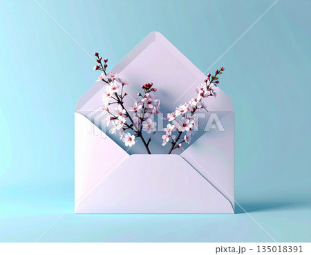 Relationship and message. Post envelope with spring pink flowers decoration. Spring and romantic message. 135018391