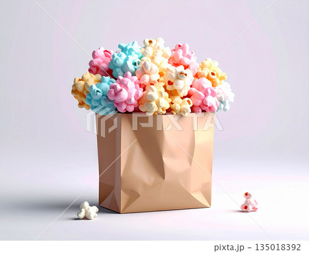 Fluffy bright food. Popcorn in a paper bag. Bright food for movie theaters. Fluffy bright food. Popcorn in a paper bag. Bright food for movie theaters. 135018392