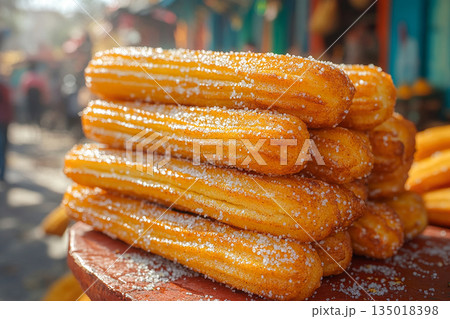 Gastronomy marketing. Various of Mexican churros with chocolate. Street food setting. Cultural and global dessert. 135018398