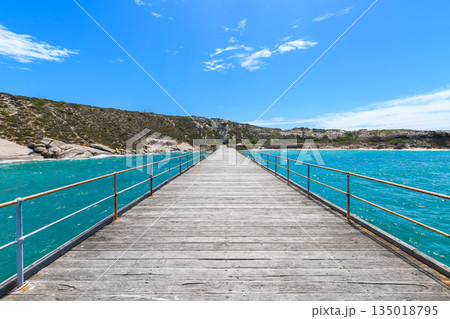 Stenhouse Bay Jetty view looking inland toward the coastline and historic gypsum mine 135018795