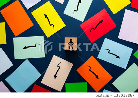 Person icon choosing direction among multiple arrow options Person icon choosing direction among multiple arrow options 135018867