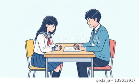 面談室で資料を見ながら男性教師と進路について話し合うセーラー服の女子高校生 135018917