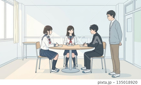 教室の丸テーブルを囲んでグループ学習をする制服姿の高校生たちと見守る男性教師 135018920