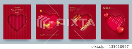 Valentine s Day 3D background set with a red heart cut out of textured paper, paint strokes, and hearts. Product display mockup 135018997