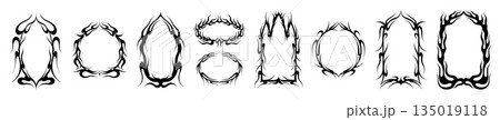 Gothic ornament. Tribal fantasy border, horror Halloween tattoo shape or baroque line decoration. Oval square and round scary arch, black frames, graphic design. Vector icons isolated set Gothic ornament. Tribal fantasy border, horror Halloween tattoo shape or baroque line decoration. Oval square and round scary arch, black frames, graphic design. Vector icons isolated set 135019118