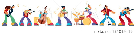 Music band. People play on guitar and drums. Jazz festival. Rock concert. Rocker musical instruments. Man with violoncello. Woman saxophonist. Vector cartoon orchestra characters set 135019119