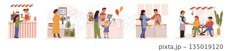 Grocery cashier. Shop counter. People pay in store or cafe by card. Consumer cash payment. Buyers making purchase. Shopping app. Waiter taking order in restaurant. Vector concepts set 135019120