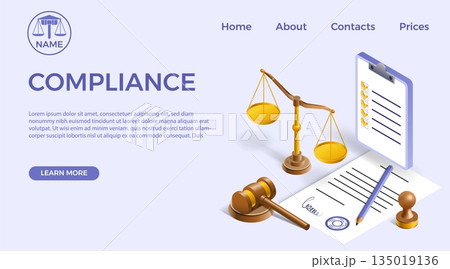 Law compliance. Isometric 3D legal regulatory landing page. Ethics or policy rule for company document procedure. Website design template. Judge scale. Contract signature. Vector background 135019136